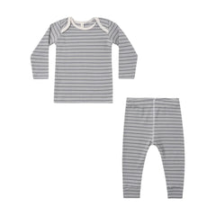 A front view of the Quincy Mae slate microstripe ribbed organic cotton tee and legging set.