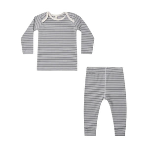 A front view of the Quincy Mae slate microstripe ribbed organic cotton tee and legging set.