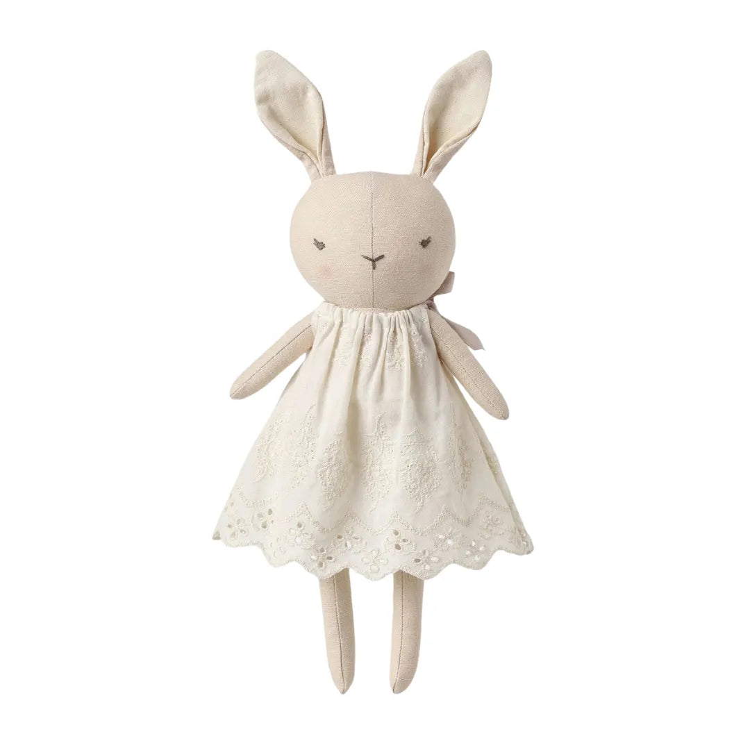 A flat-lay view of the Quincy Mae Rylee the rabbit organic plush toy.