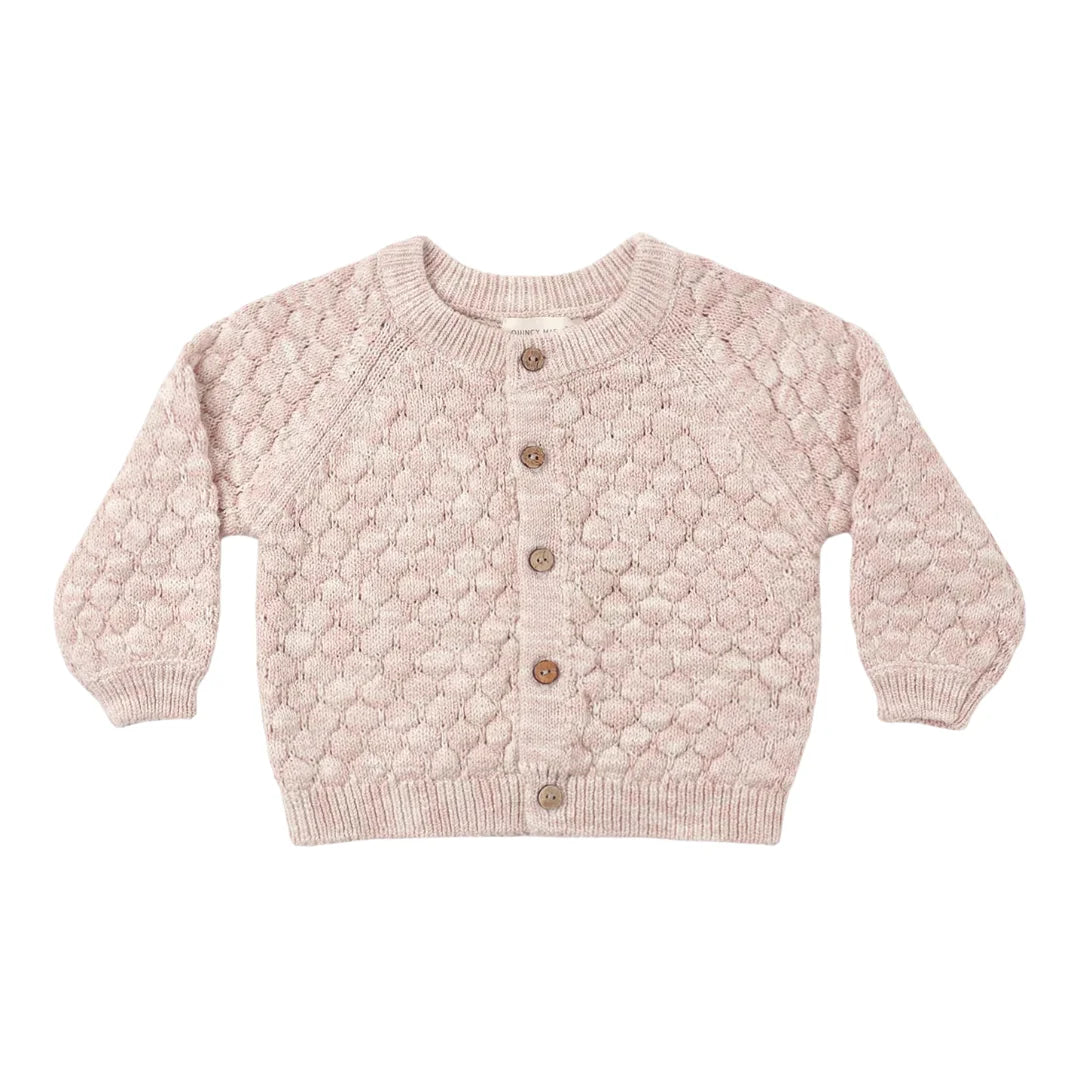 A front view of the Quincy Mae dusty rose speckle bubble knit cardigan with buttons.