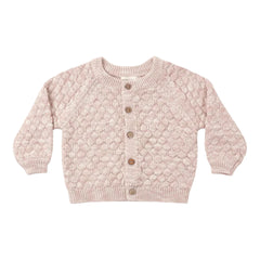 A front view of the Quincy Mae dusty rose speckle bubble knit cardigan with buttons.