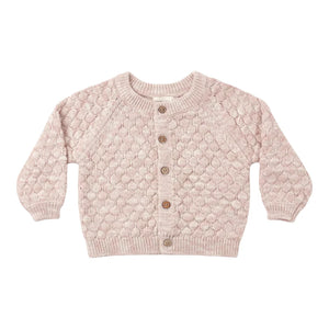 A front view of the Quincy Mae dusty rose speckle bubble knit cardigan with buttons.