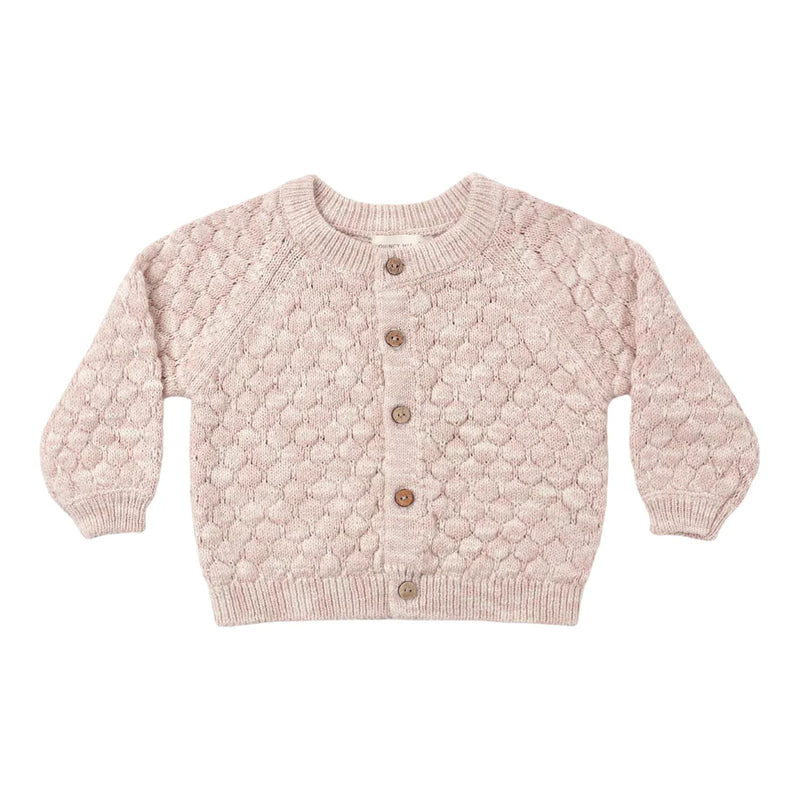 A front view of the Quincy Mae dusty rose speckle bubble knit cardigan with buttons.