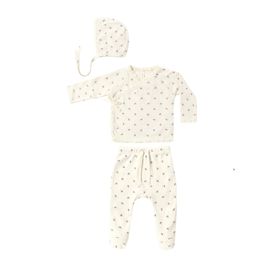 A front view of the Quincy Mae Fall Ditsy organic cotton take-home set.