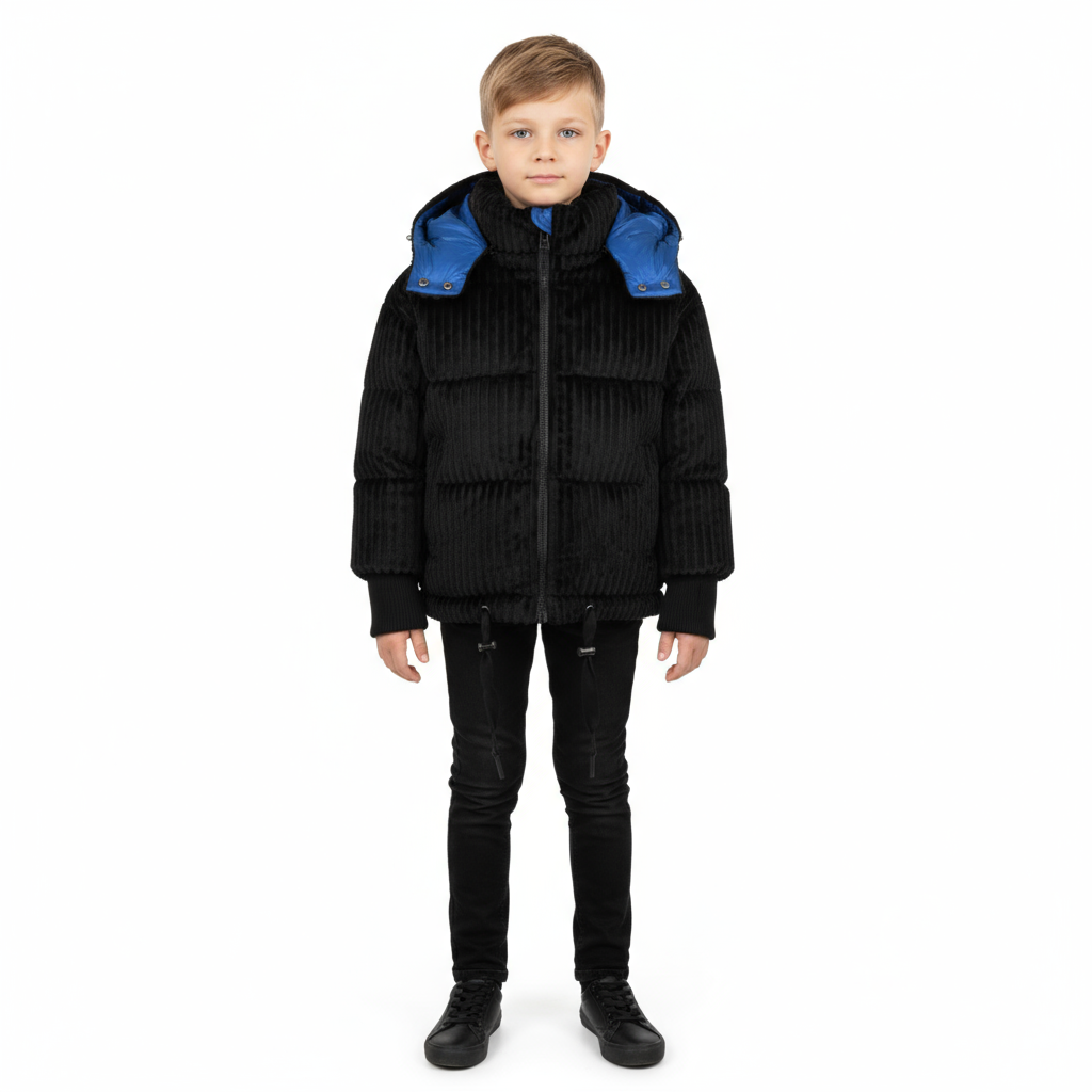 Child wearing a black puffer jacket with blue accents on a white background