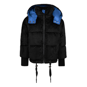 Black puffer jacket with blue lining on a white background