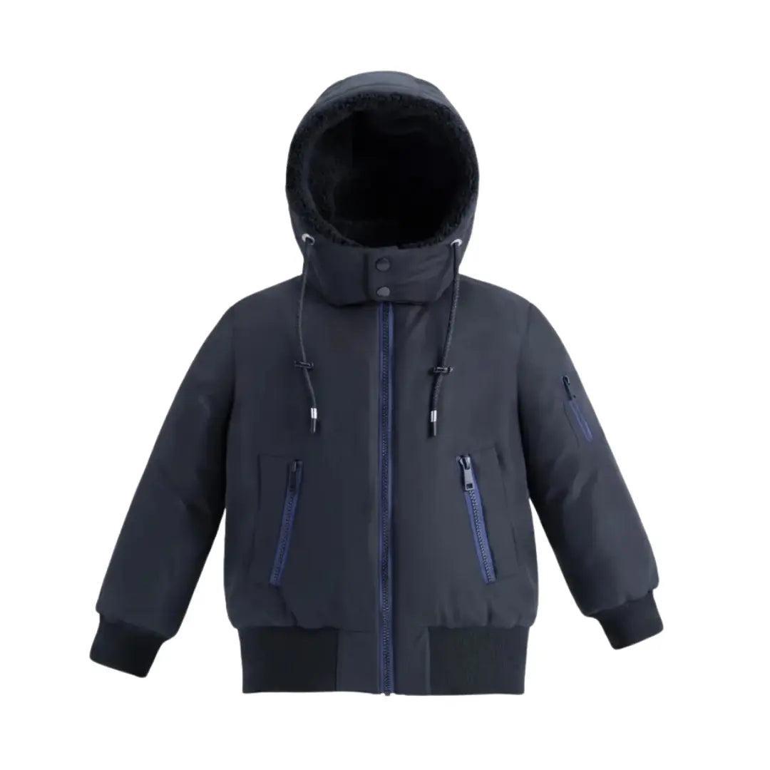 A front view of the blue toddler bomber coat.