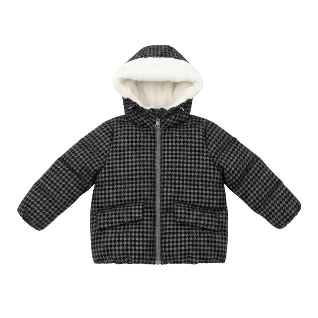 A front view of the Raygo houndstooth jacket in black.
