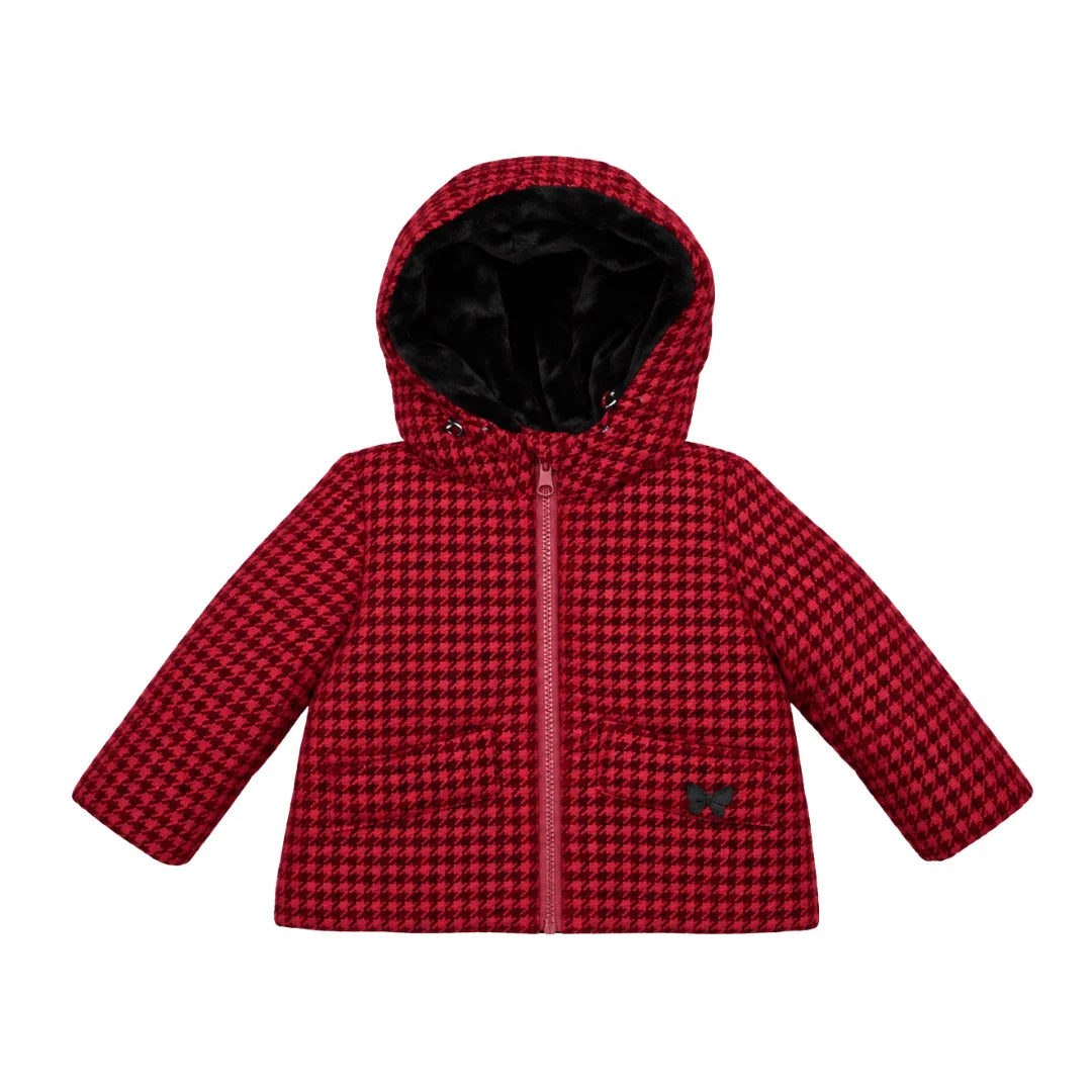 A flat-lay view of the Raygo houndstooth jacket in red.