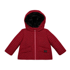 A flat-lay view of the Raygo houndstooth jacket in red.