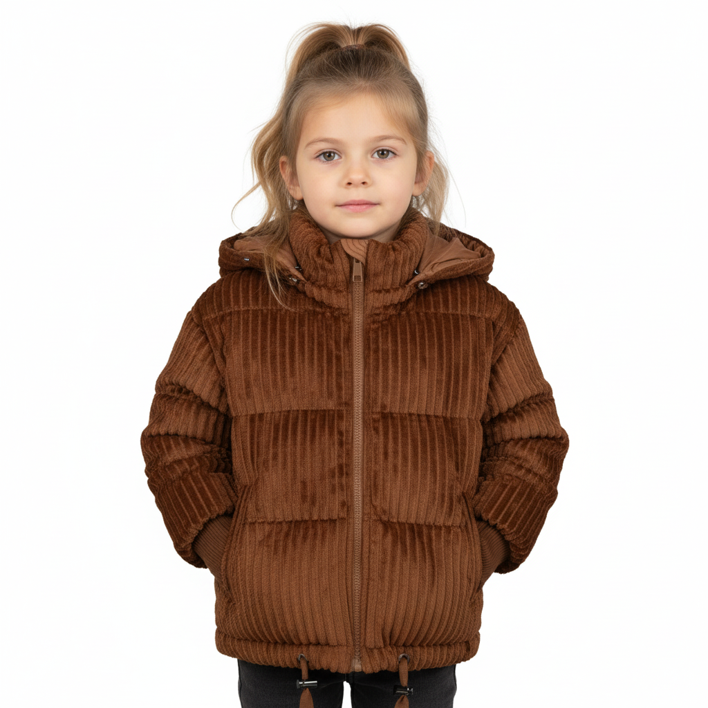 Brown fur jacket with a hood on a white background