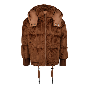 Brown fur jacket with a hood on a white background