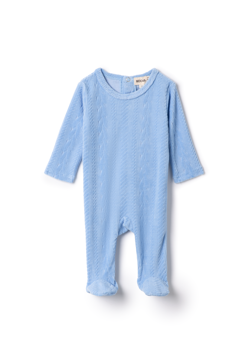 Mocha Blue Cable Textured Velour Footie