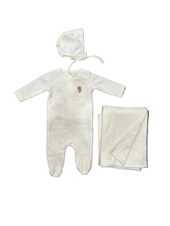 Mema Knits White/Red Ribbed Velour Emb 3 Pc Set