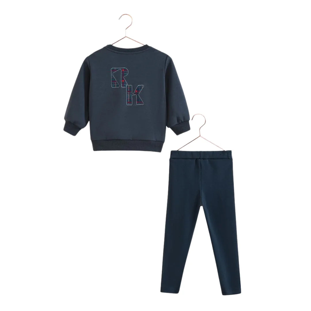 A beautifully structured RetroKid Arden two-piece baby boy set in a versatile indigo blue scuba fabric back side