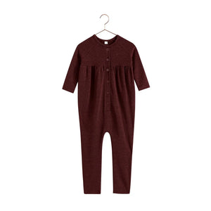 A front view of the RetroKid Isla baby romper in a deep burgundy color.