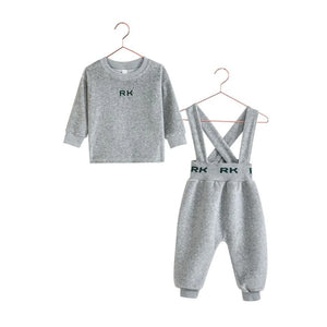 RetroKid Reese two-piece set, featuring a gray top and green overalls.