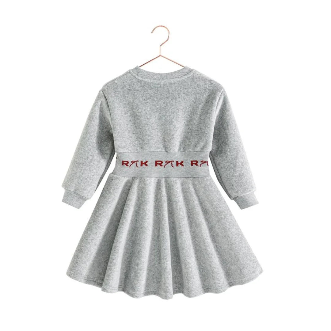 The back profile of the gray and red RetroKid scuba dress, highlighting its clean and structural shape.