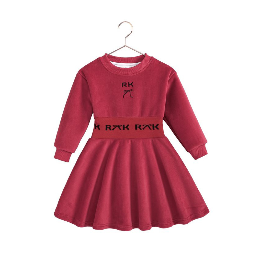 RetroKid Reese dress made of smooth gray scuba fabric with bright red accents.