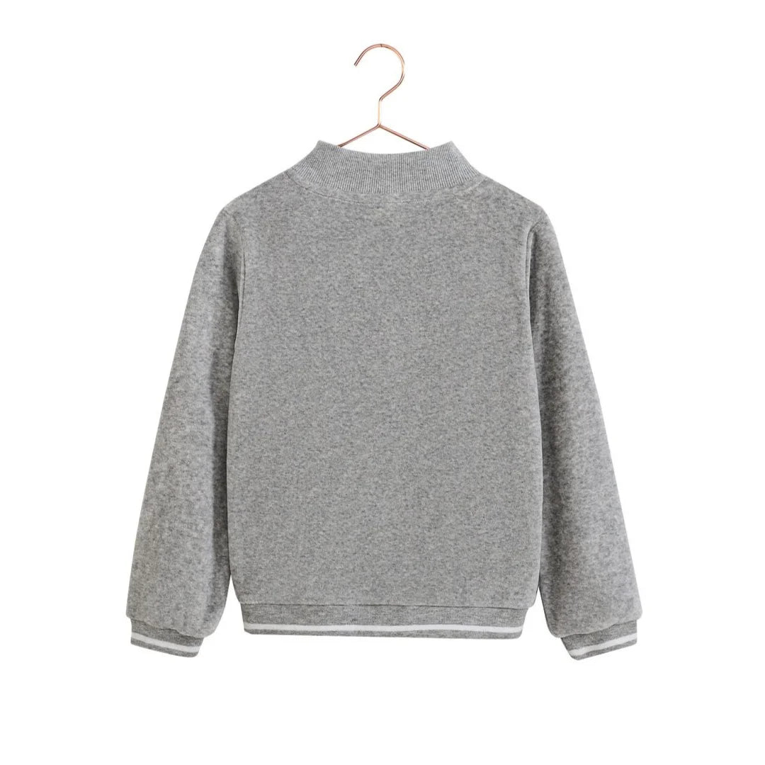 The back view of the boys gray velour zip-up sweatshirt by RetroKid, highlighting the relaxed fit.
