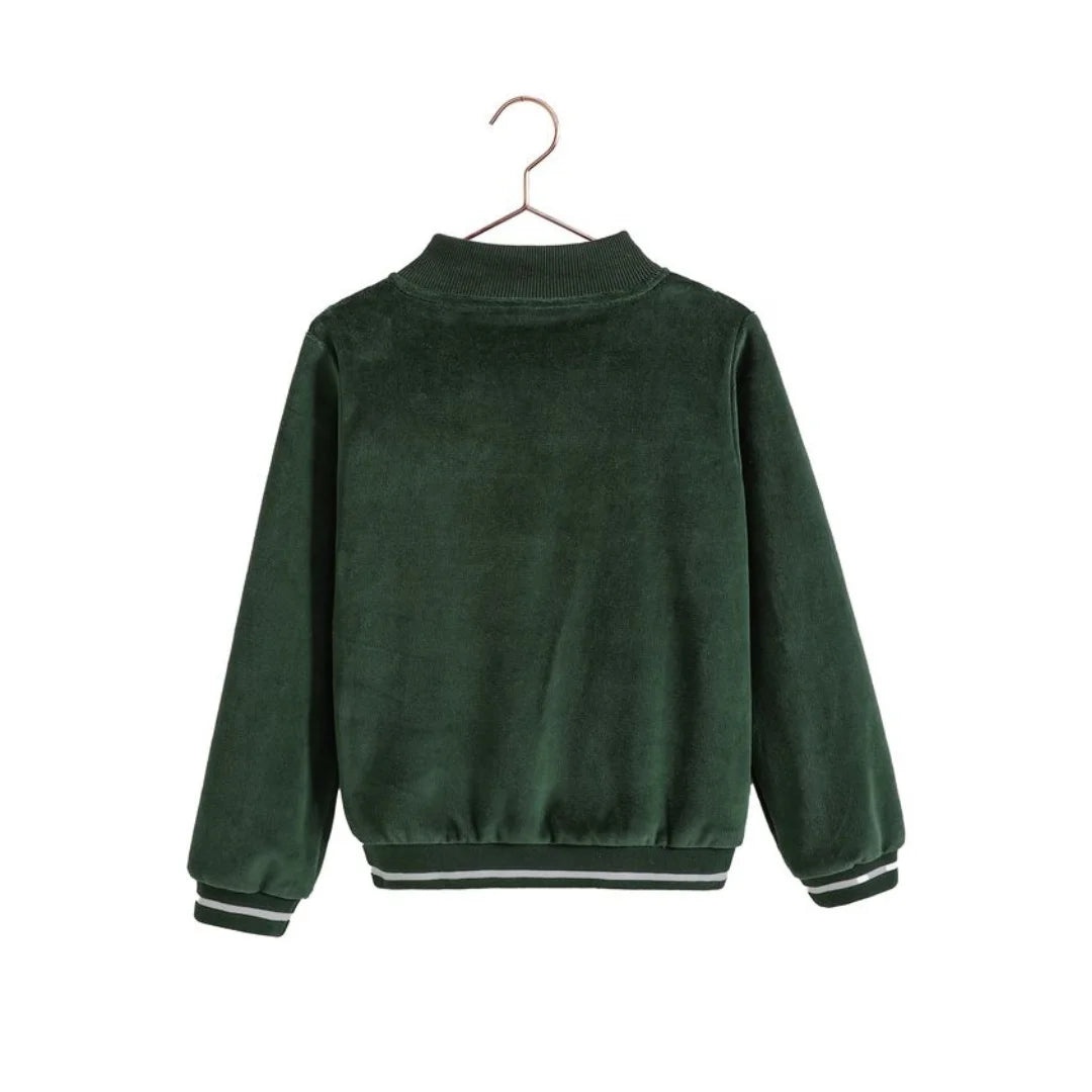 The back view of the green velour boys sweatshirt by RetroKid, showing the smooth, plush texture of the fabric.