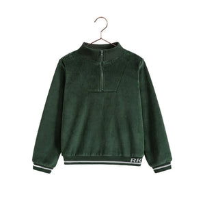 A profile view of the RetroKid green velour zip-up, highlighting the comfortable fit and front zipper.
