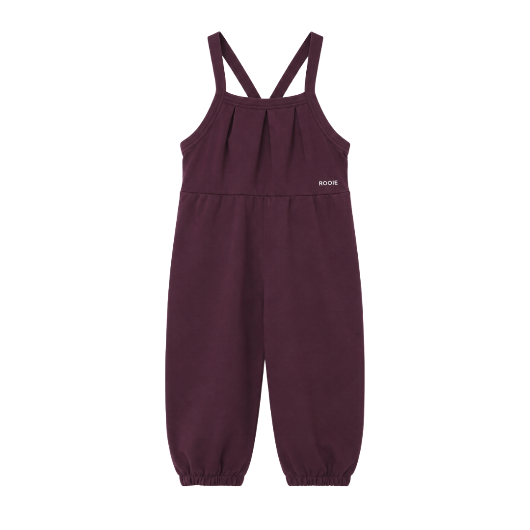 A front view of the Rooie and Friends mauve baby girl boiler suit.
