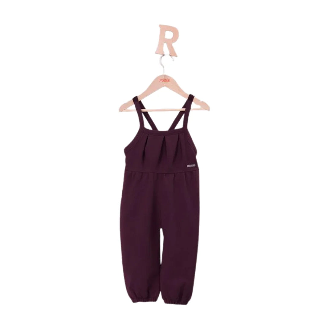 A front view of the Rooie and Friends mauve baby girl boiler suit.
