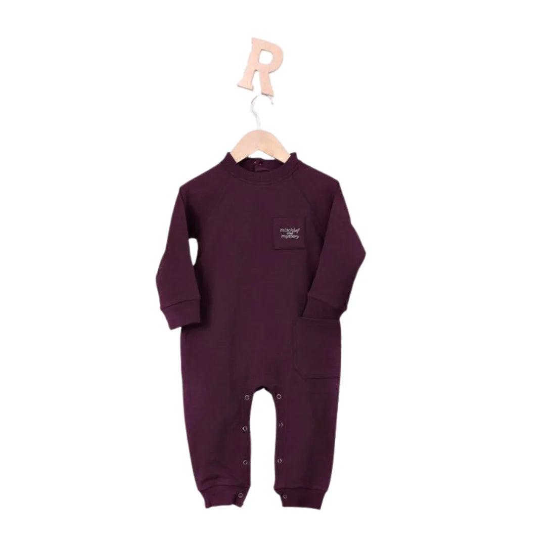 A front view of the Rooie and Friends mauve baby girl romper and mockneck set.