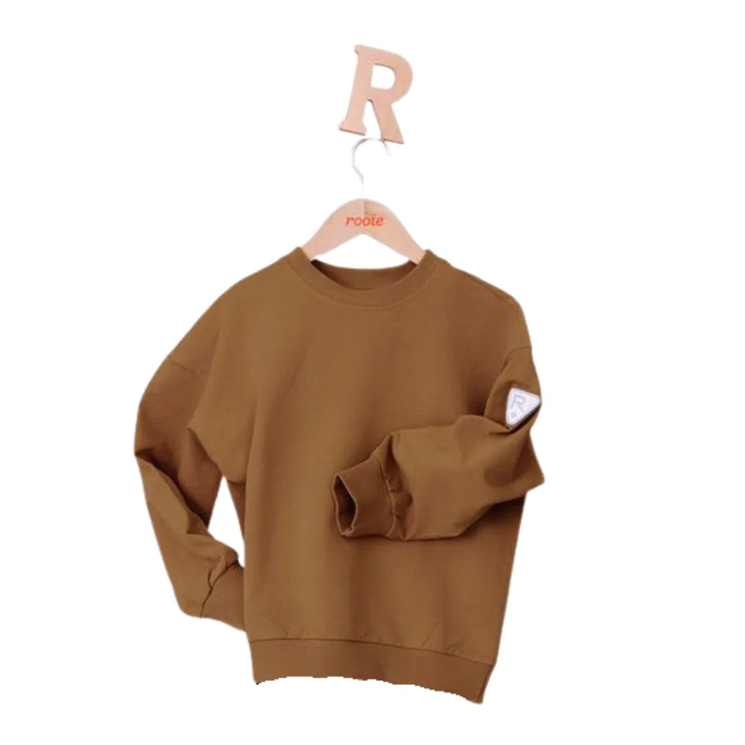 A front view of the Rooie and Friends caramel boy's sweatshirt.