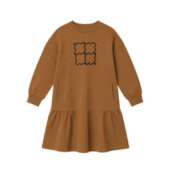 A front view of the Rooie and Friends caramel and black ruffle dress for girls.