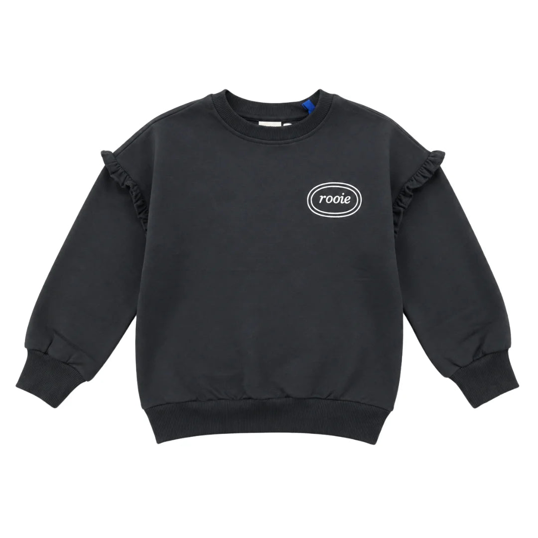 A front view of the Rooie and Friends black ruffle sweatshirt for girls.
