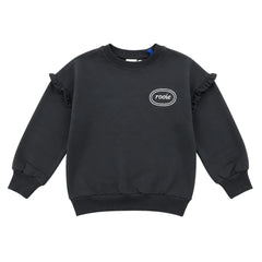 A front view of the Rooie and Friends black ruffle sweatshirt for girls.