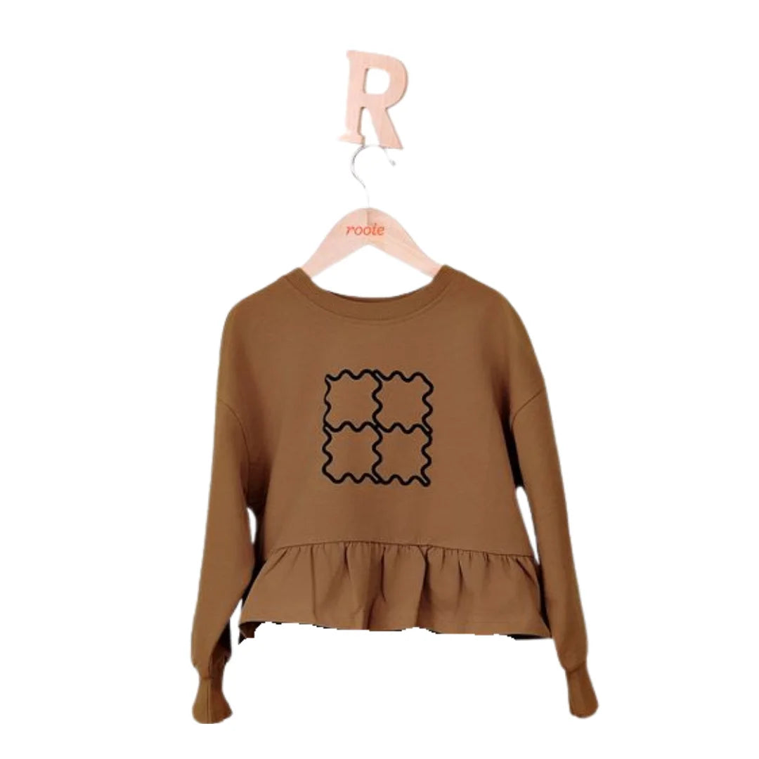 A front view of the Rooie and Friends caramel and black ruffle sweatshirt for girls.