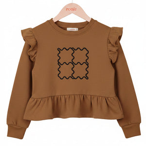 A front view of the Rooie and Friends caramel and black ruffle sweatshirt for girls.