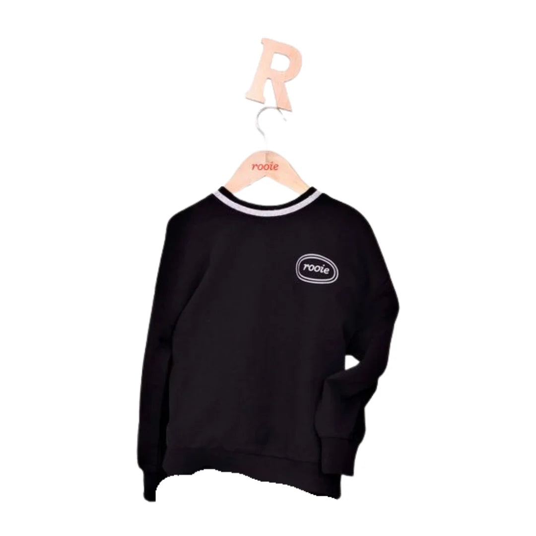 A front view of the Rooie and Friends black silver trim sweatshirt for girls.