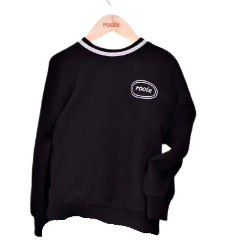 A front view of the Rooie and Friends black silver trim sweatshirt for girls.