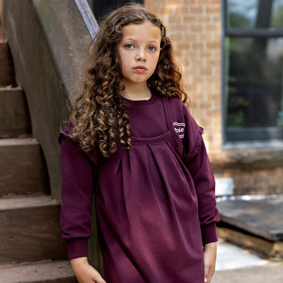 A child wearing the Rooie and Friends mauve sweatshirt during an outdoor playground adventure.