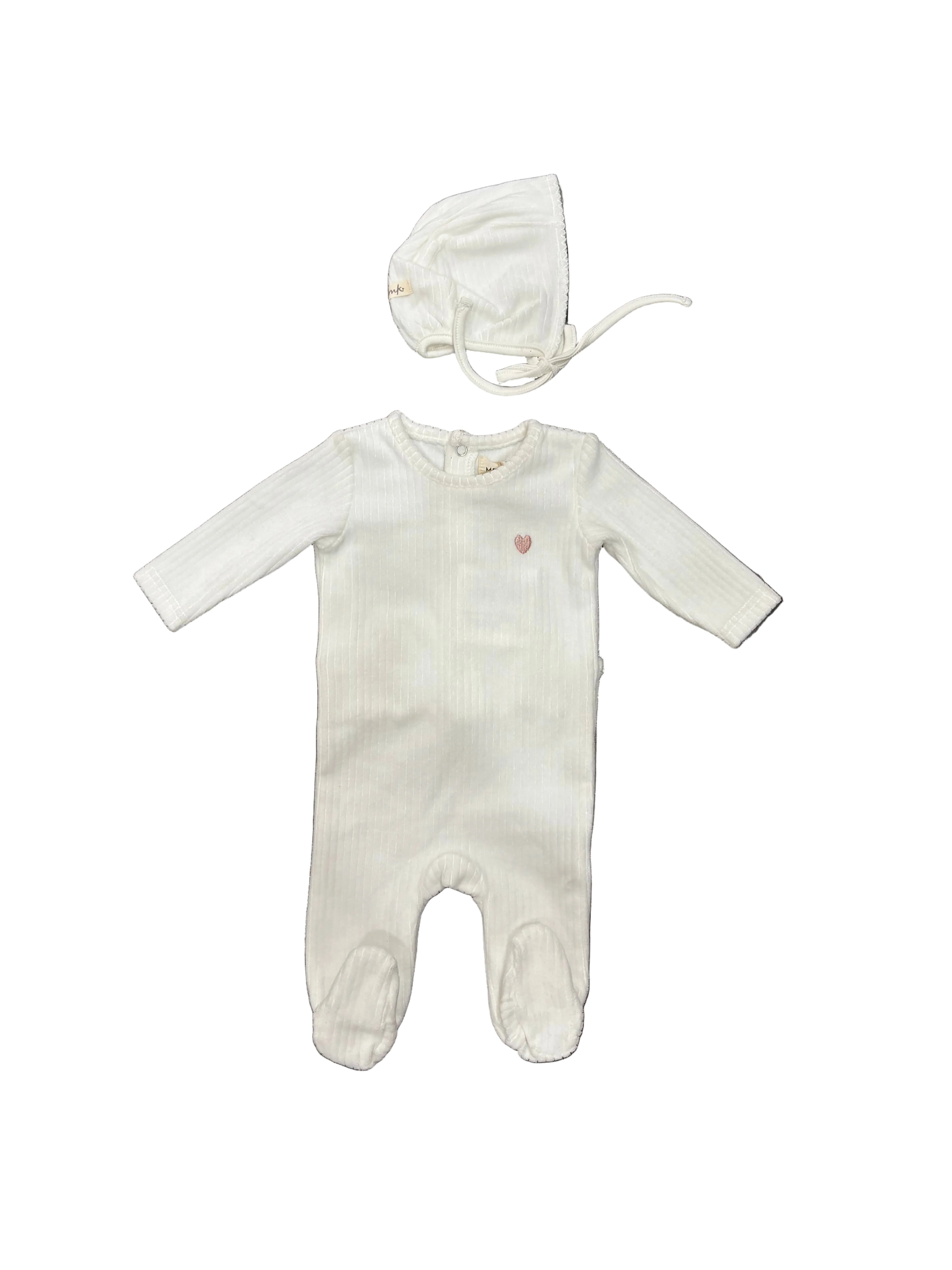 Mema Knits White/Rose Heart Ribbed Velour Emb Footie + Bonnet