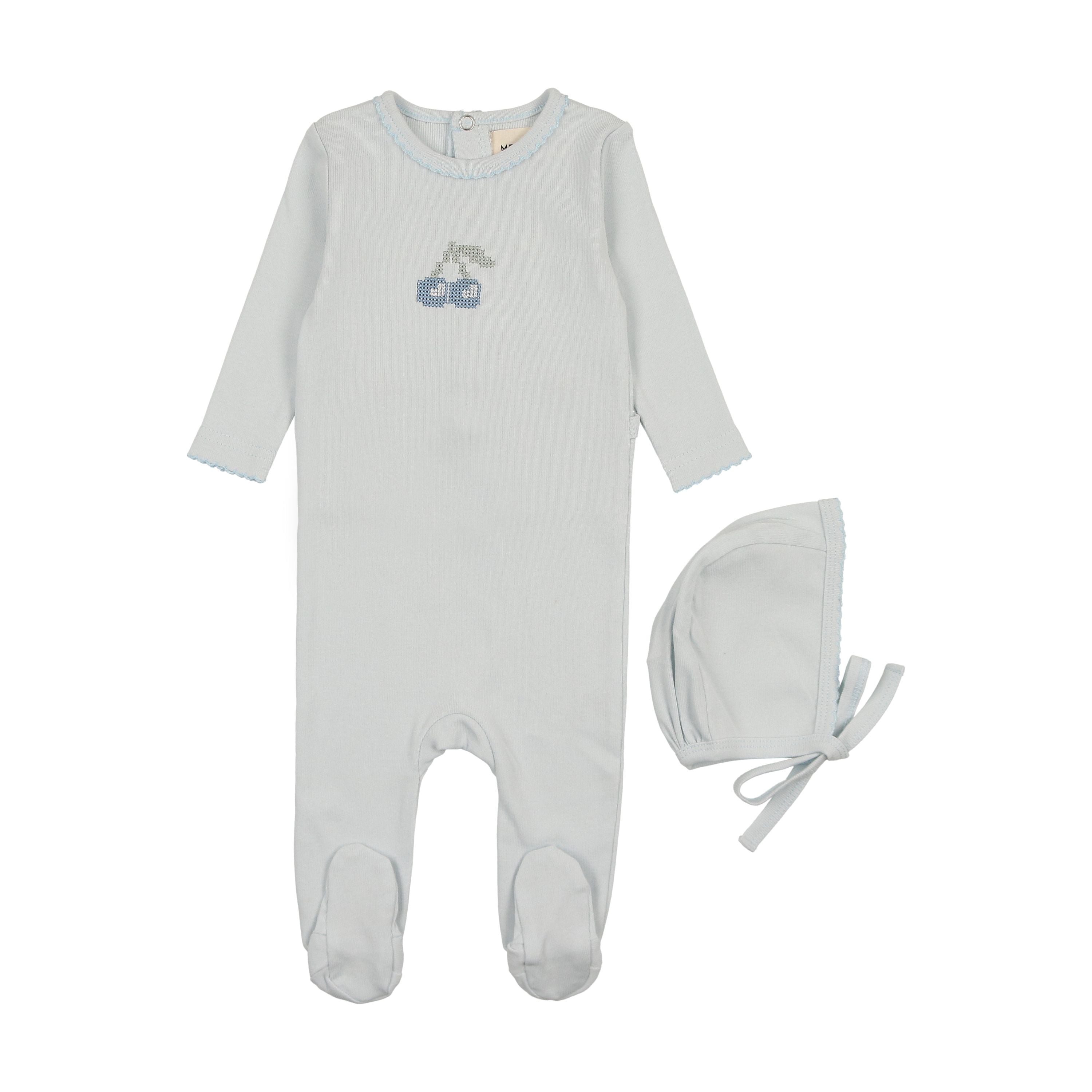 Mema Knits Blue Embroidered Cherry Footie + Bonnet