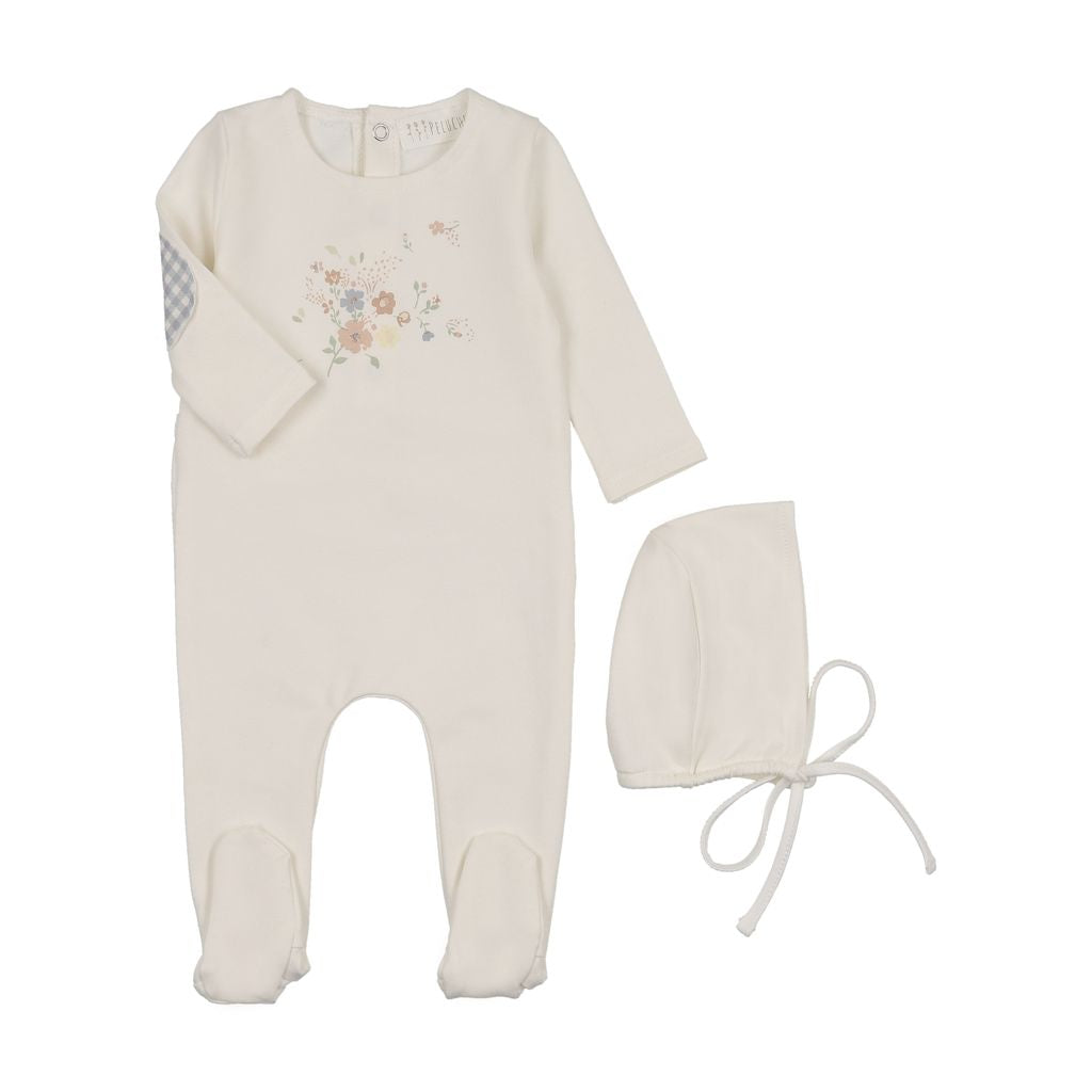 Baby Blue Gingham Floral Footie Set by Peluche – Soft Cotton Sleepwear
