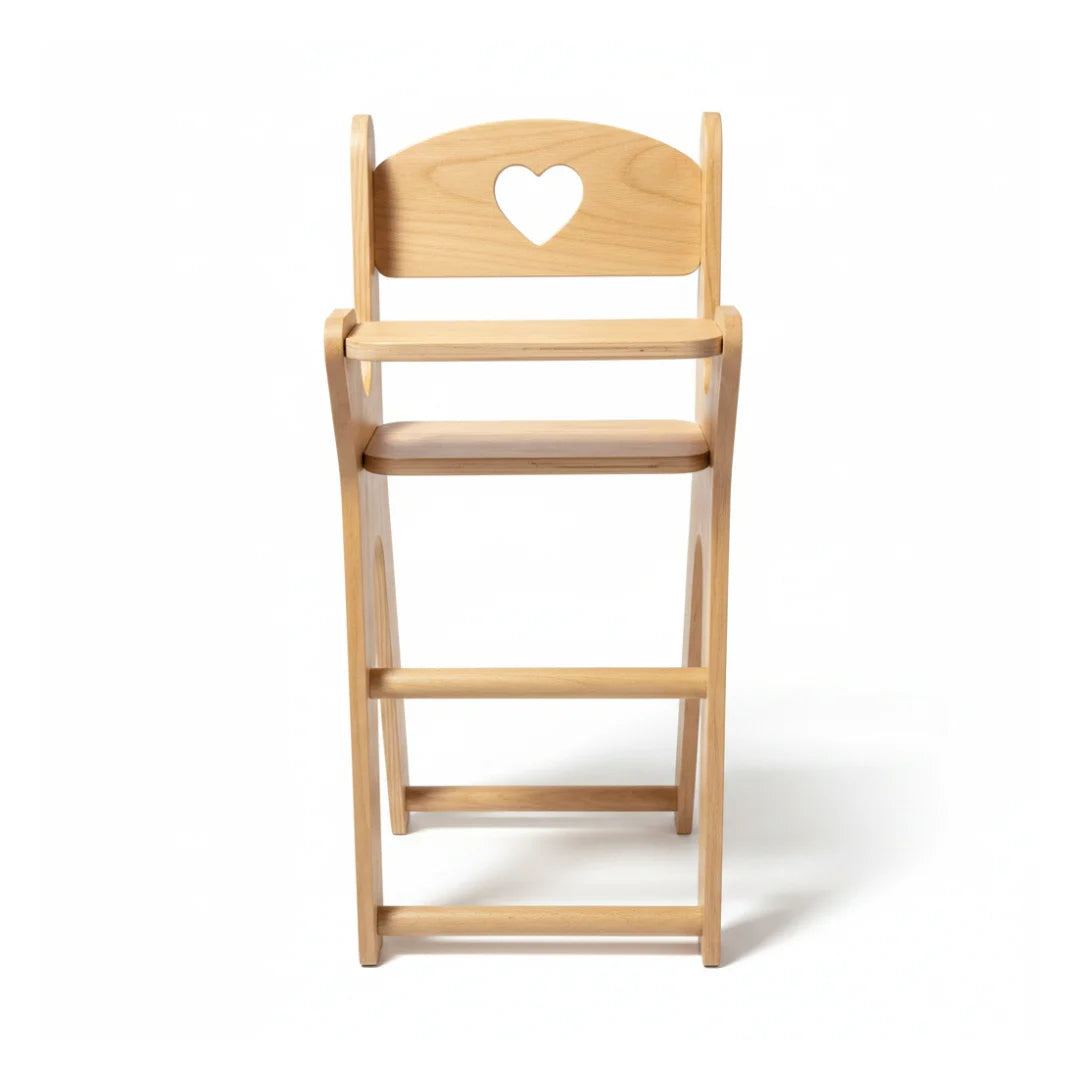 Wooden high chair with a heart-shaped cutout on a white background