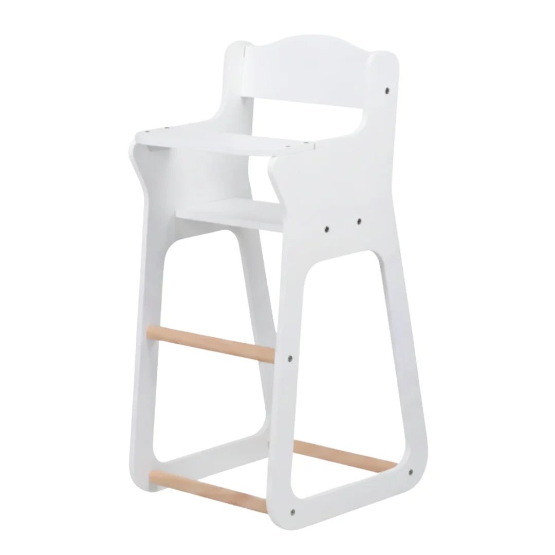 White high chair with wooden accents on a white background