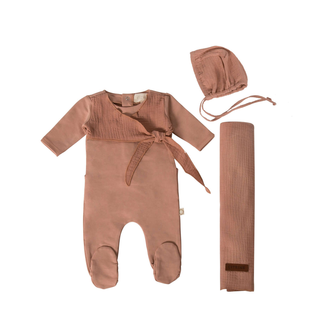 citrine gauze wrap layette set footie bonnet blanket