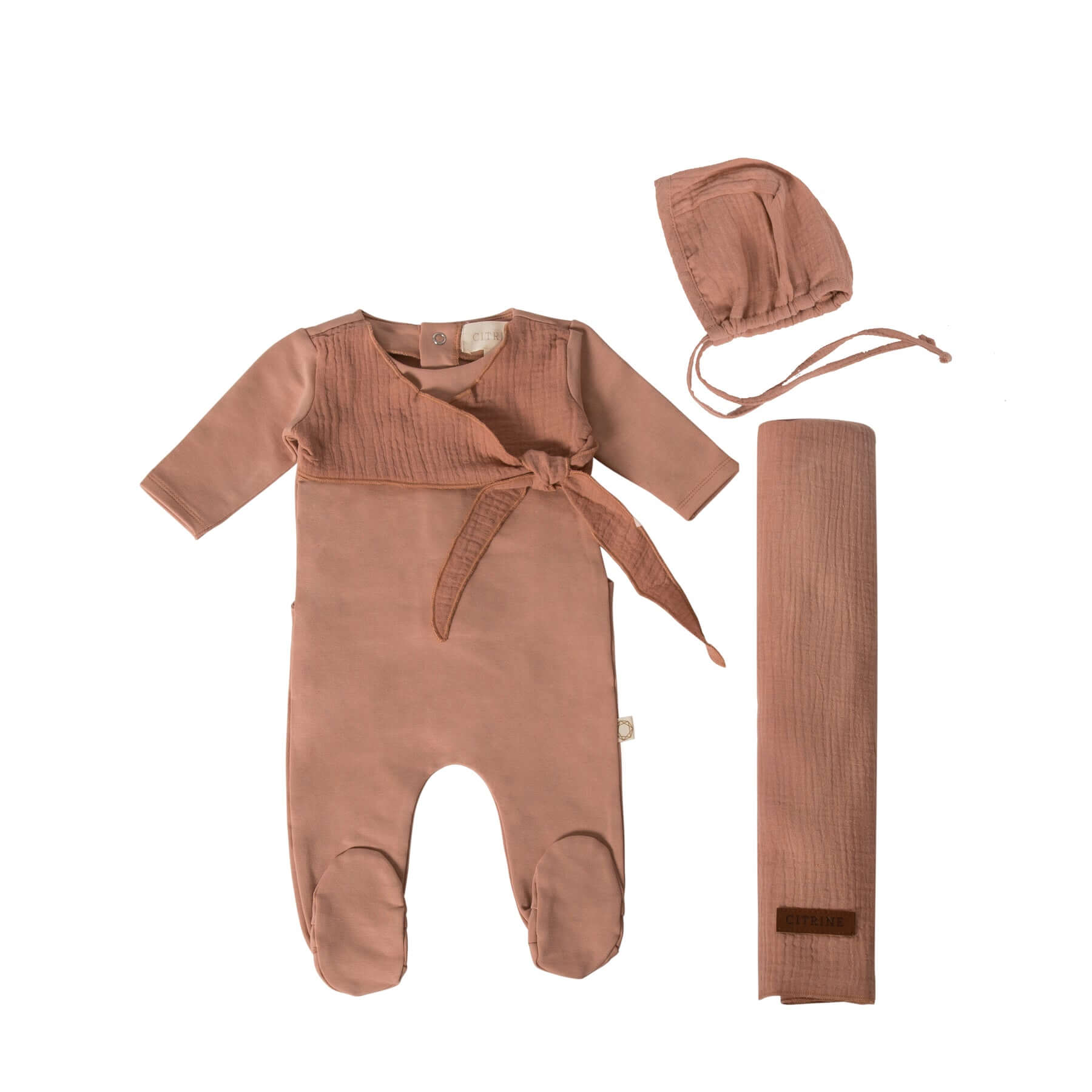 citrine gauze wrap layette set footie bonnet blanket