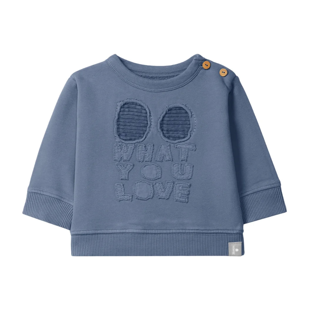 A front view of the Snug blue graphic baby sweatshirt.