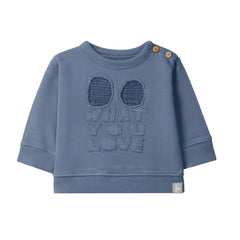 A front view of the Snug blue graphic baby sweatshirt.