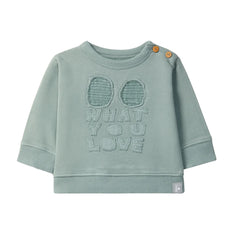 A front view of the Snug sage graphic baby sweatshirt.