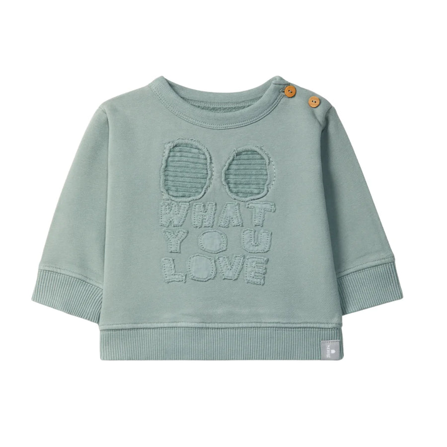A front view of the Snug sage graphic baby sweatshirt.