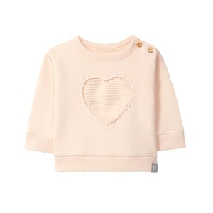 A front view of the Snug peach heart baby sweatshirt.